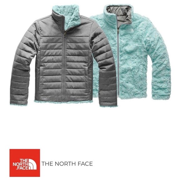 The North Face Girls Large Mossbud Swirl Jacket Gray Reversible Fleece Full Zip - Picture 1 of 16